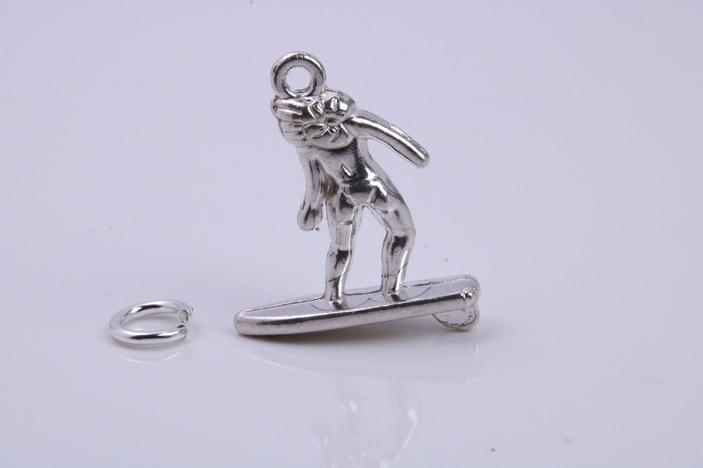 Surfing Girl Charm, Traditional Charm, Made from Solid 925 Grade Sterling Silver, Complete with Attachment Link