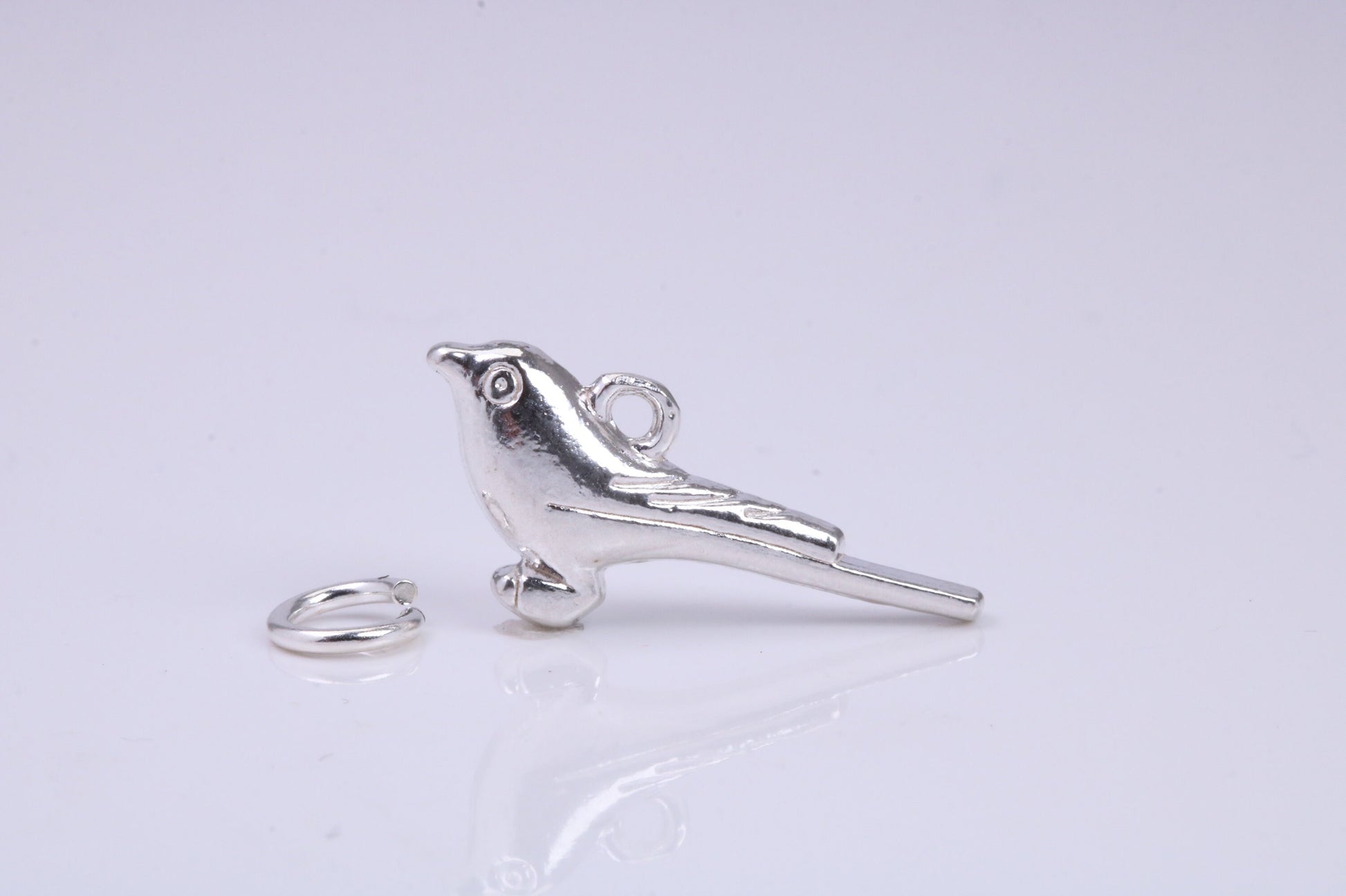 Long Tailed Bird Charm, Traditional Charm, Made from Solid 925 Grade Sterling Silver, Complete with Attachment Link