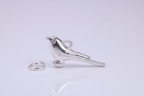 Long Tailed Bird Charm, Traditional Charm, Made from Solid 925 Grade Sterling Silver, Complete with Attachment Link