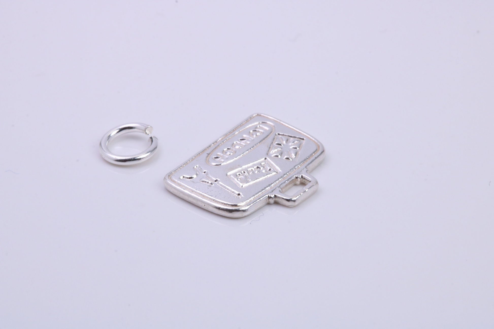 Travel Suitcase Charm, Traditional Charm, Made from Solid 925 Grade Sterling Silver, Complete with Attachment Link