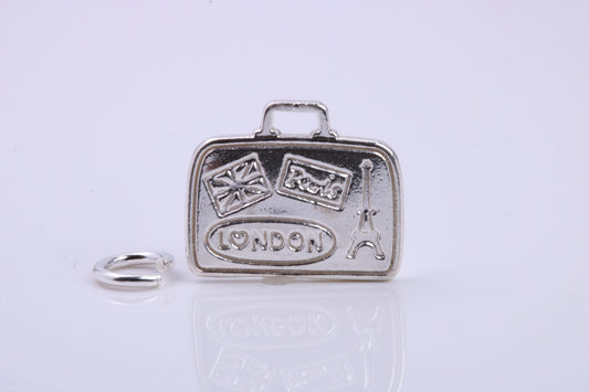 Travel Suitcase Charm, Traditional Charm, Made from Solid 925 Grade Sterling Silver, Complete with Attachment Link