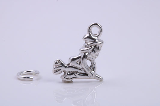 Witch on Broom Stick Charm, Traditional Charm, Made from Solid 925 Grade Sterling Silver, Complete with Attachment Link