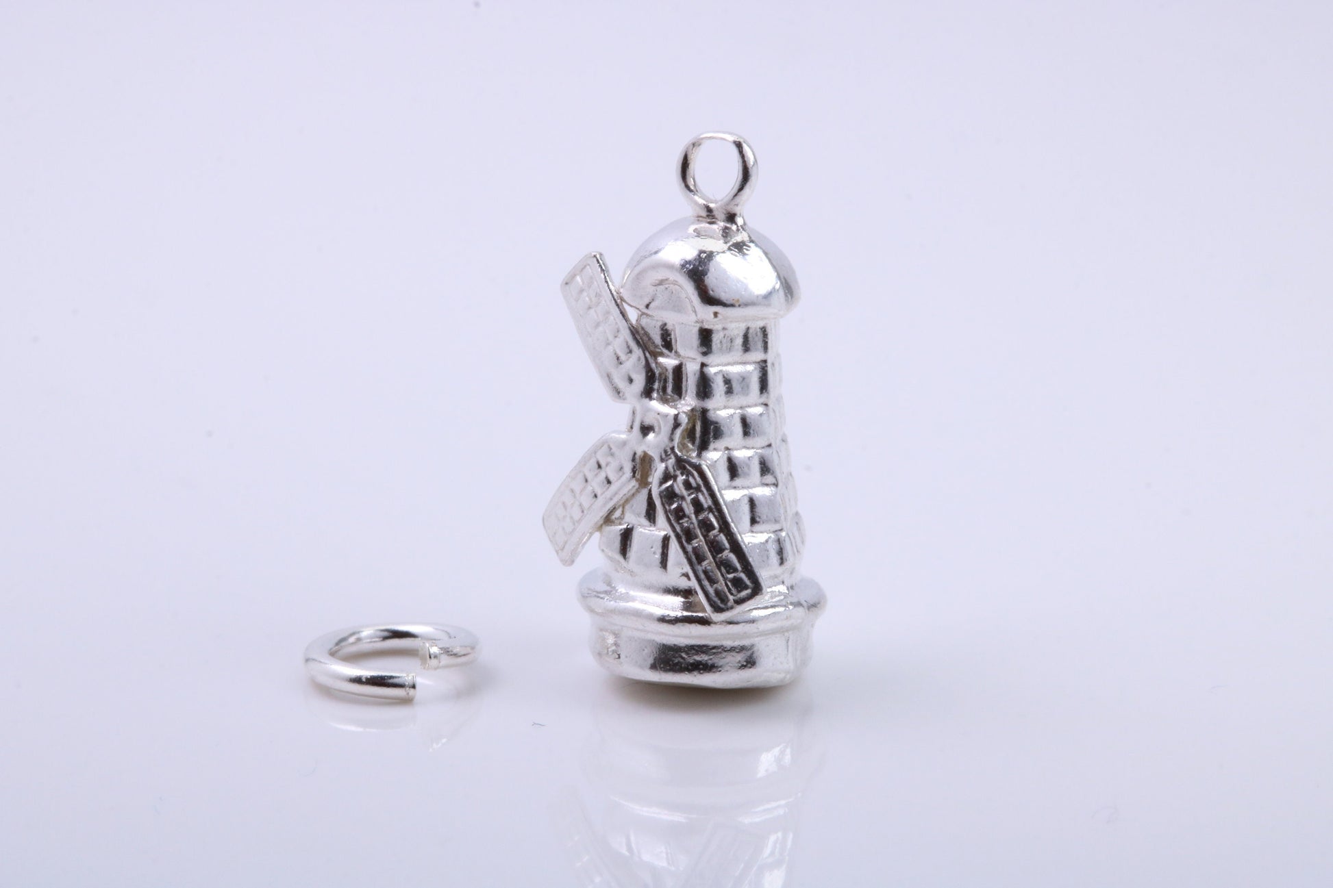 Old Disused Windmill Charm, Traditional Charm, Made from Solid 925 Grade Sterling Silver, Complete with Attachment Link