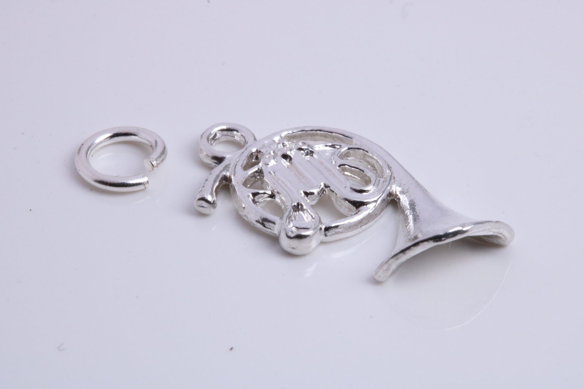 French Horn Charm, Traditional Charm, Made from Solid 925 Grade Sterling Silver, Complete with Attachment Link