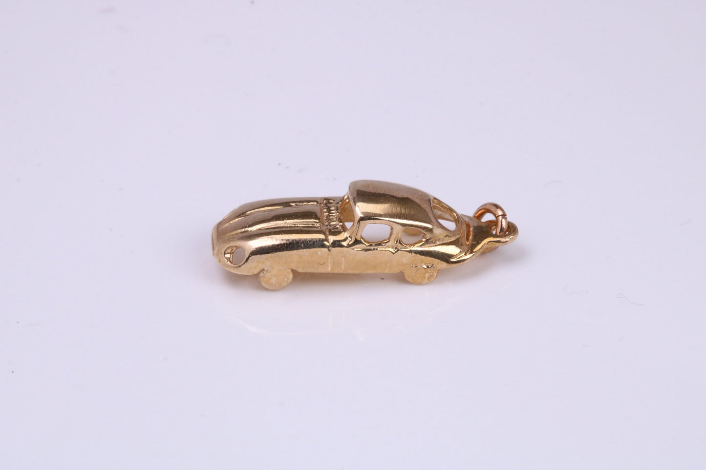 E Type Jaguar Car Charm, Made From Solid 9ct Yellow Gold, British Hallmarked and Complete With Attachment Link