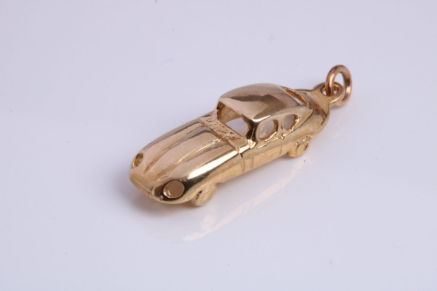 E Type Jaguar Car Charm, Made From Solid 9ct Yellow Gold, British Hallmarked and Complete With Attachment Link