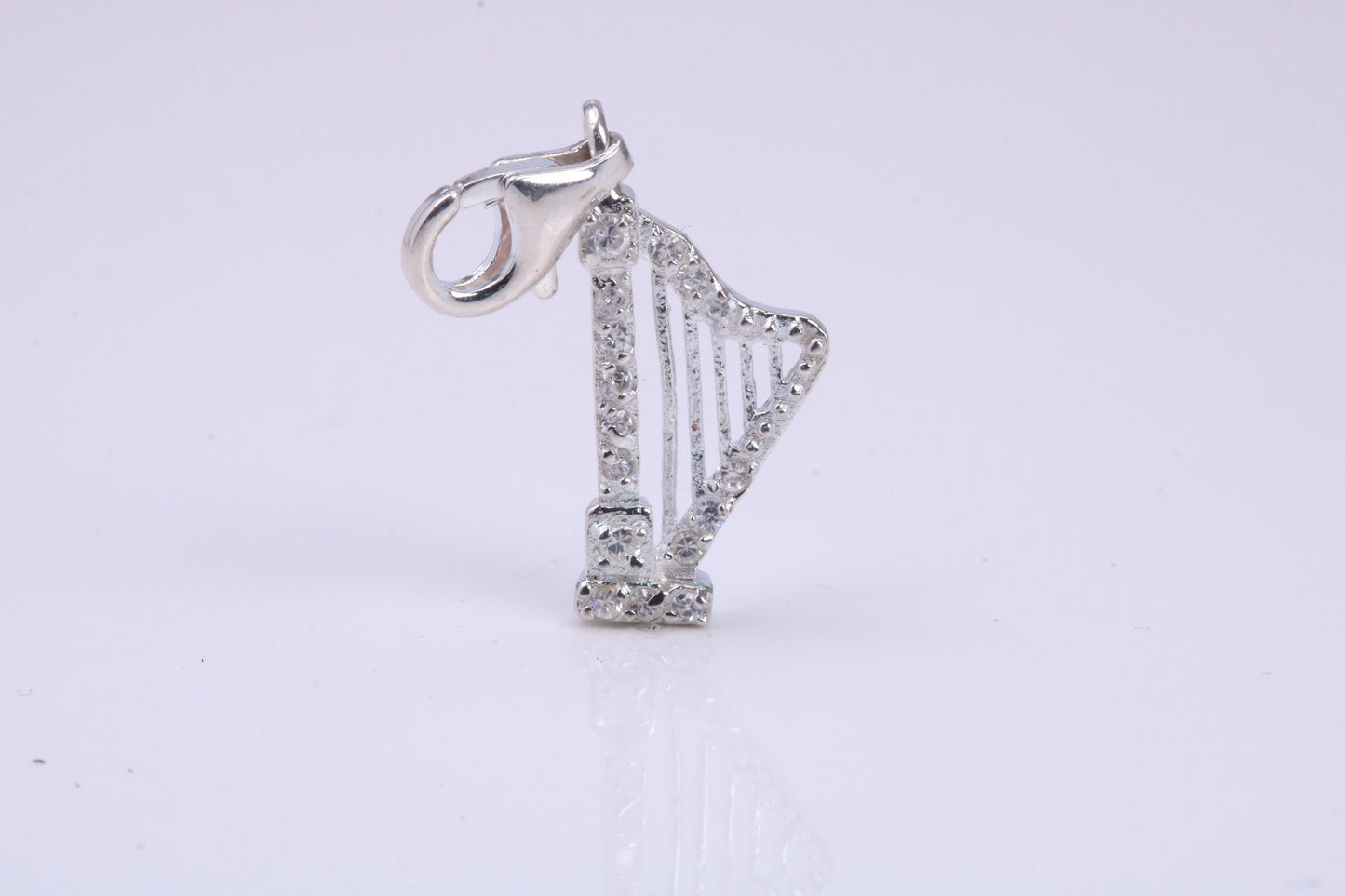 C Z Set Harp Charm, Traditional Charm, Made from Solid 925 Grade Sterling Silver, Complete with Attachment Link