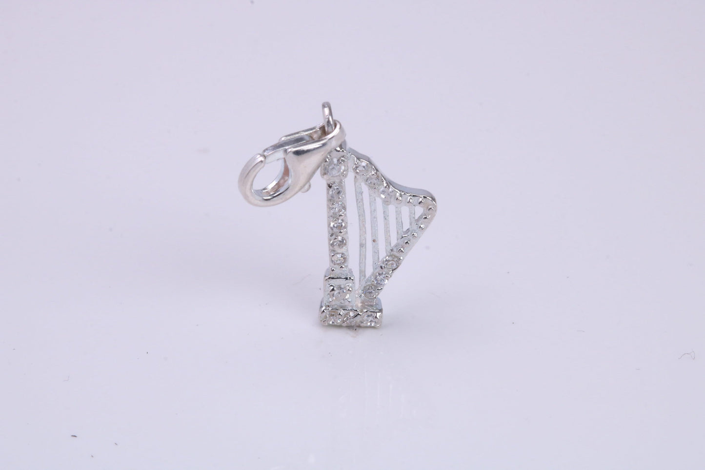 C Z Set Harp Charm, Traditional Charm, Made from Solid 925 Grade Sterling Silver, Complete with Attachment Link