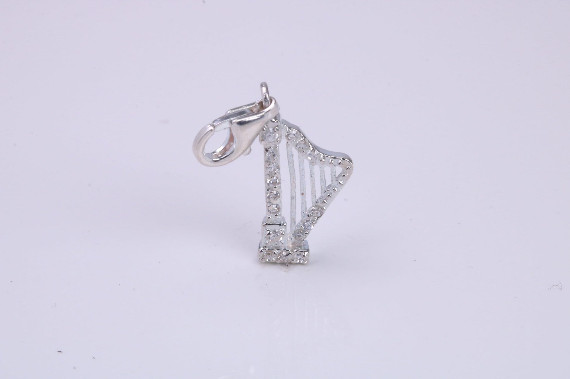 C Z Set Harp Charm, Traditional Charm, Made from Solid 925 Grade Sterling Silver, Complete with Attachment Link