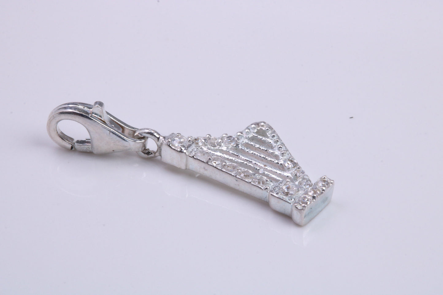 C Z Set Harp Charm, Traditional Charm, Made from Solid 925 Grade Sterling Silver, Complete with Attachment Link
