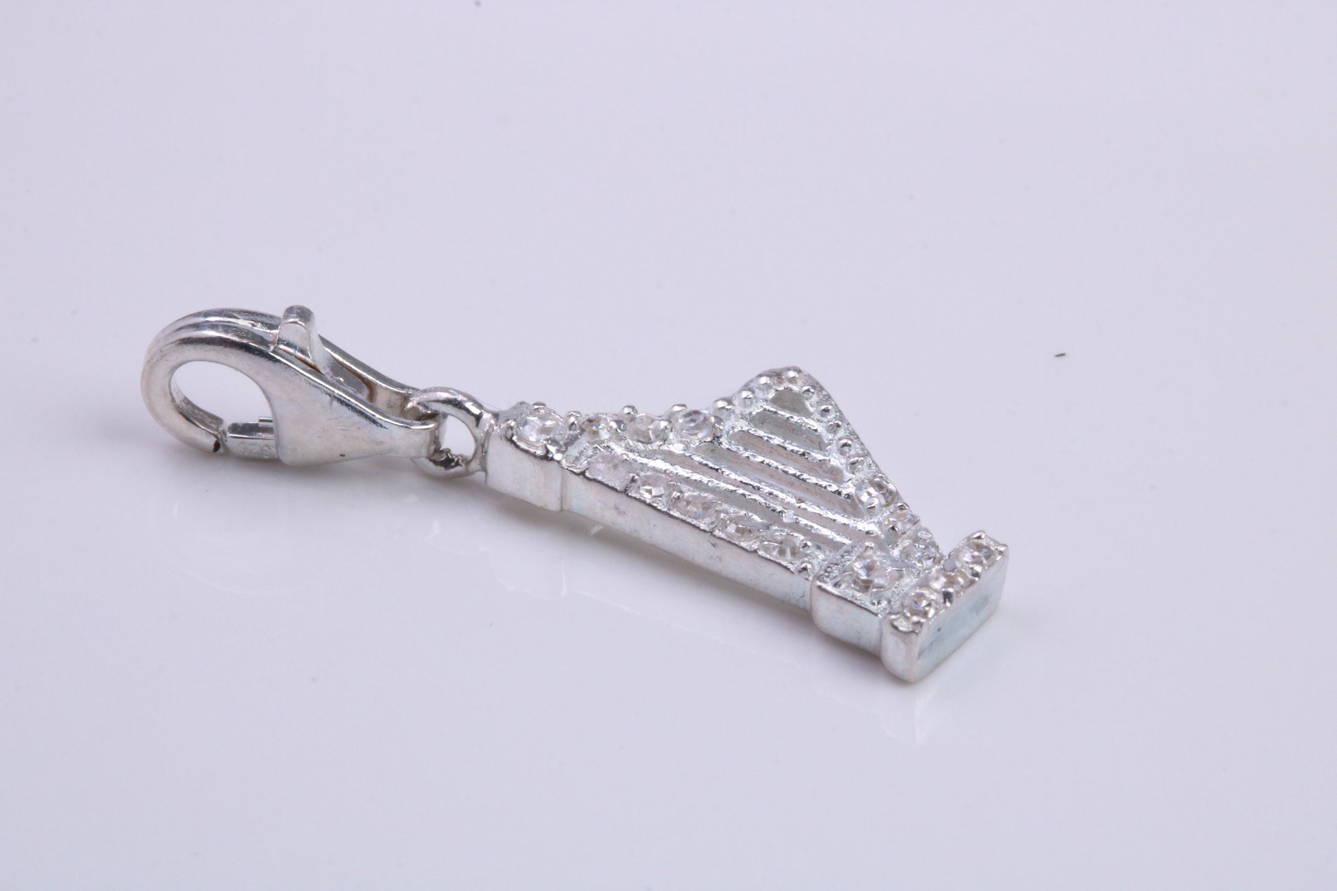 C Z Set Harp Charm, Traditional Charm, Made from Solid 925 Grade Sterling Silver, Complete with Attachment Link