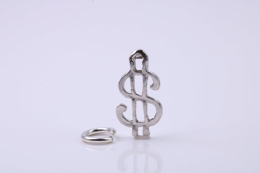 Dollar Sign Charm, Traditional Charm, Made from Solid 925 Grade Sterling Silver, Complete with Attachment Link