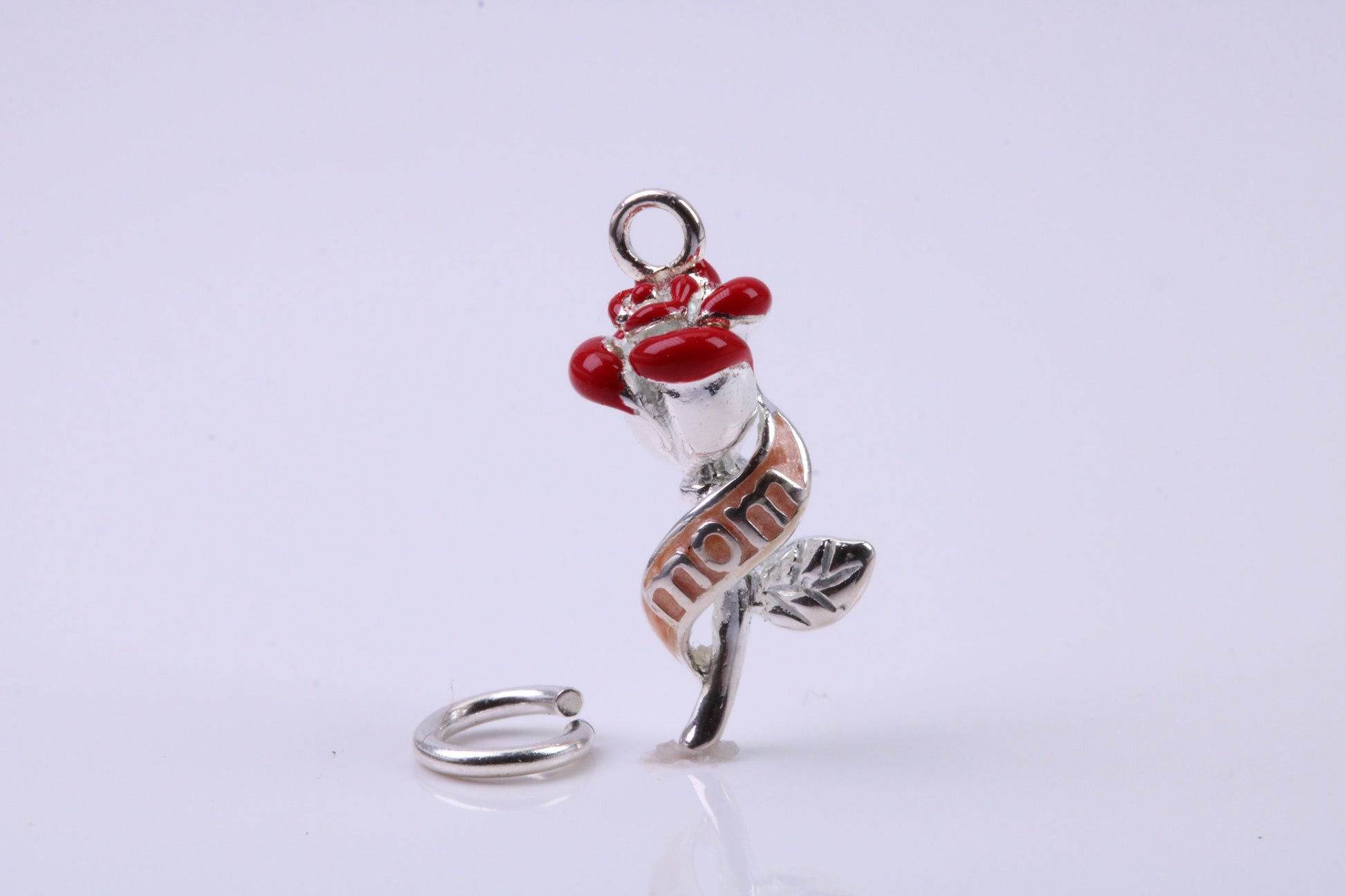 Red Mum Rose Flower Charm, Traditional Charm, Made from Solid 925 Grade Sterling Silver, Complete with Attachment Link
