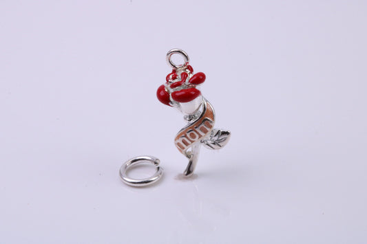 Red Mum Rose Flower Charm, Traditional Charm, Made from Solid 925 Grade Sterling Silver, Complete with Attachment Link