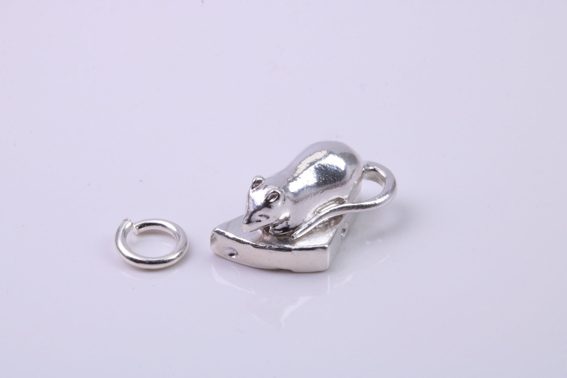 Mouse Eating Cheese Charm, Traditional Charm, Made from Solid 925 Grade Sterling Silver, Complete with Attachment Link