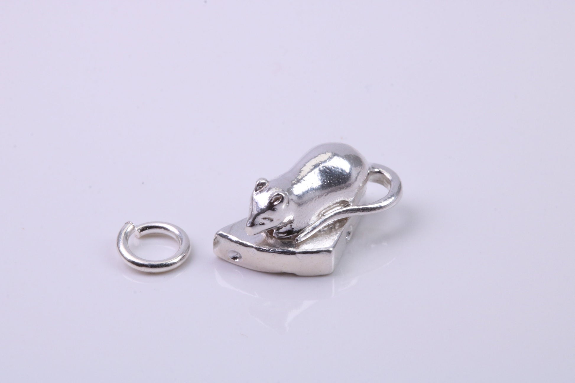 Mouse Eating Cheese Charm, Traditional Charm, Made from Solid 925 Grade Sterling Silver, Complete with Attachment Link