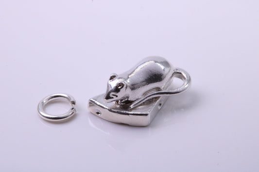 Mouse Eating Cheese Charm, Traditional Charm, Made from Solid 925 Grade Sterling Silver, Complete with Attachment Link