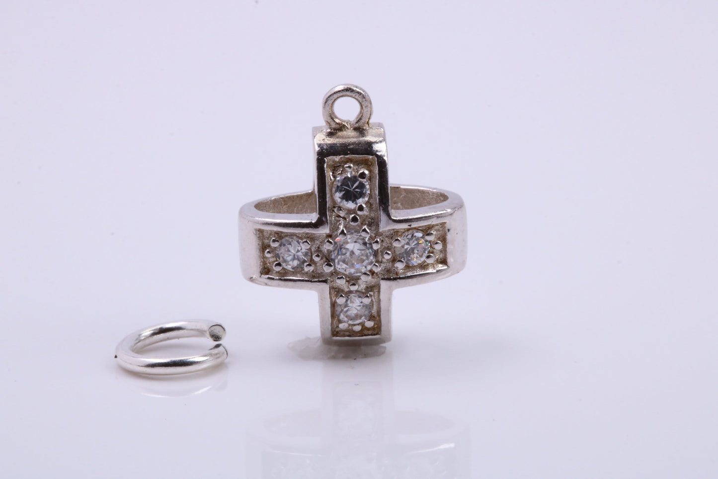 C Z set Chunky Cross Charm, Traditional Charm, Made from Solid 925 Grade Sterling Silver, Complete with Attachment Link