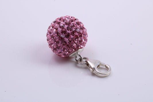 Pink C Z set Ball Charm, Traditional Charm, Made from Solid 925 Grade Sterling Silver, Complete with Attachment Link