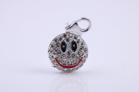 Happy Face Charm, Traditional Charm, Made from Solid 925 Grade Sterling Silver, Complete with Attachment Link