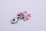 Pink Butterfly Charm, Traditional Charm, Made from Solid 925 Grade Sterling Silver, Complete with Attachment Link