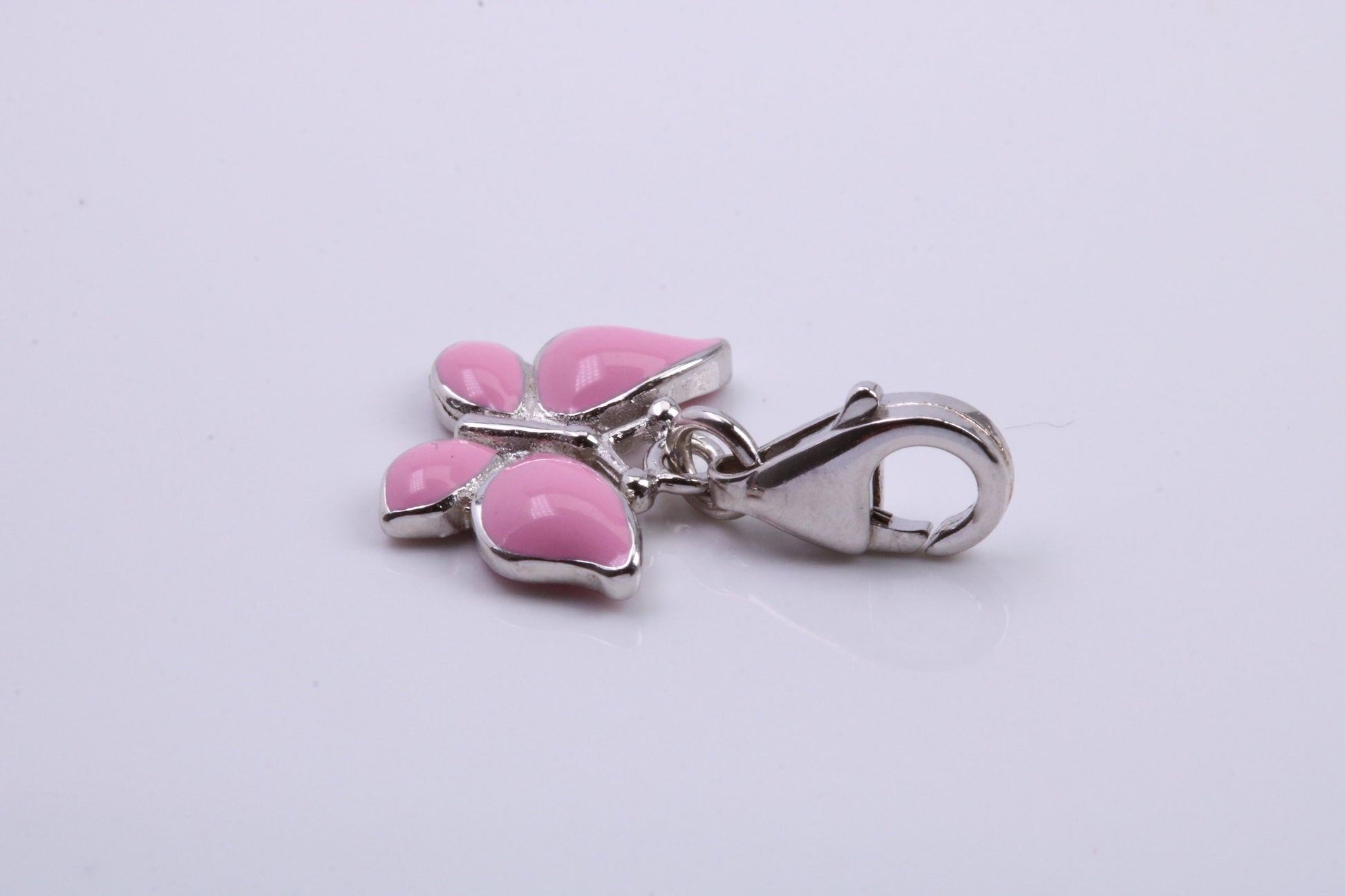 Pink Butterfly Charm, Traditional Charm, Made from Solid 925 Grade Sterling Silver, Complete with Attachment Link