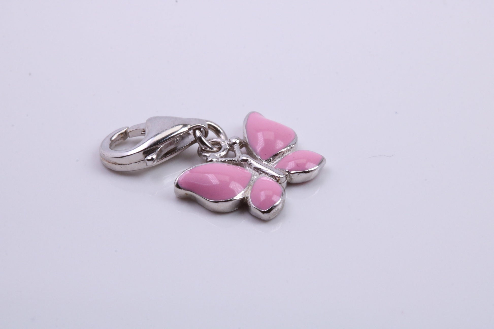 Pink Butterfly Charm, Traditional Charm, Made from Solid 925 Grade Sterling Silver, Complete with Attachment Link