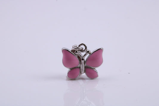 Pink Butterfly Charm, Traditional Charm, Made from Solid 925 Grade Sterling Silver, Complete with Attachment Link