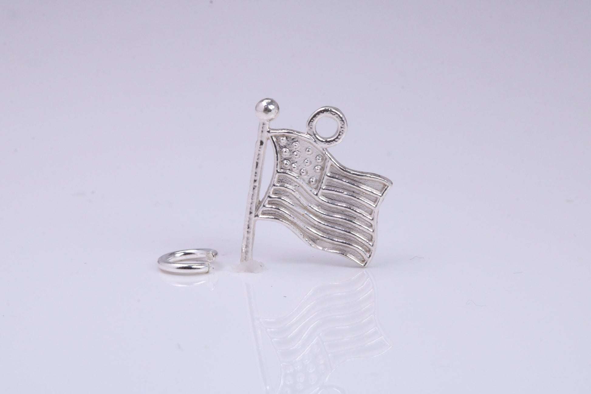 USA Flag Charm, Traditional Charm, Made from Solid 925 Grade Sterling Silver, Complete with Attachment Link