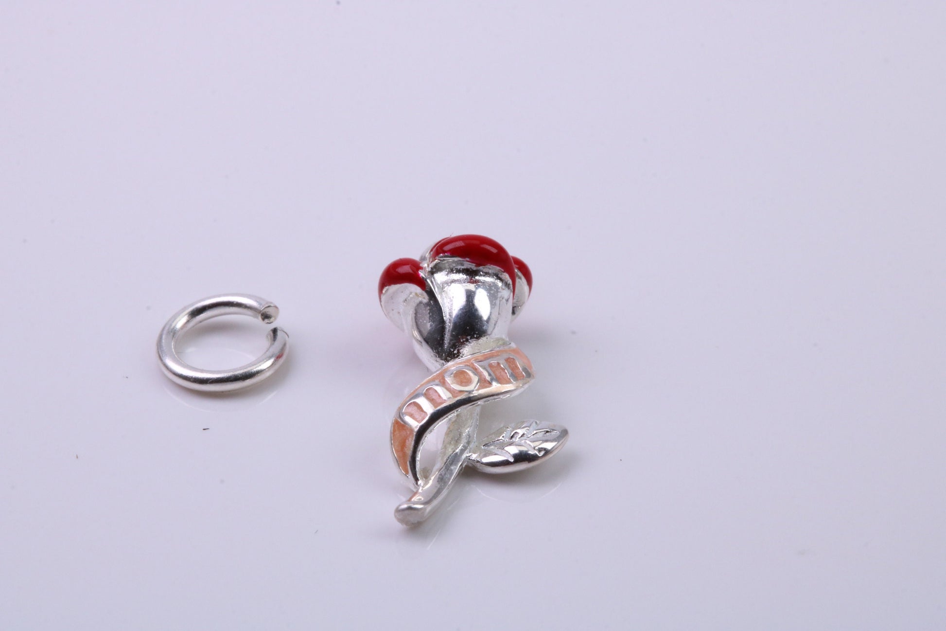 Red Mum Rose Flower Charm, Traditional Charm, Made from Solid 925 Grade Sterling Silver, Complete with Attachment Link