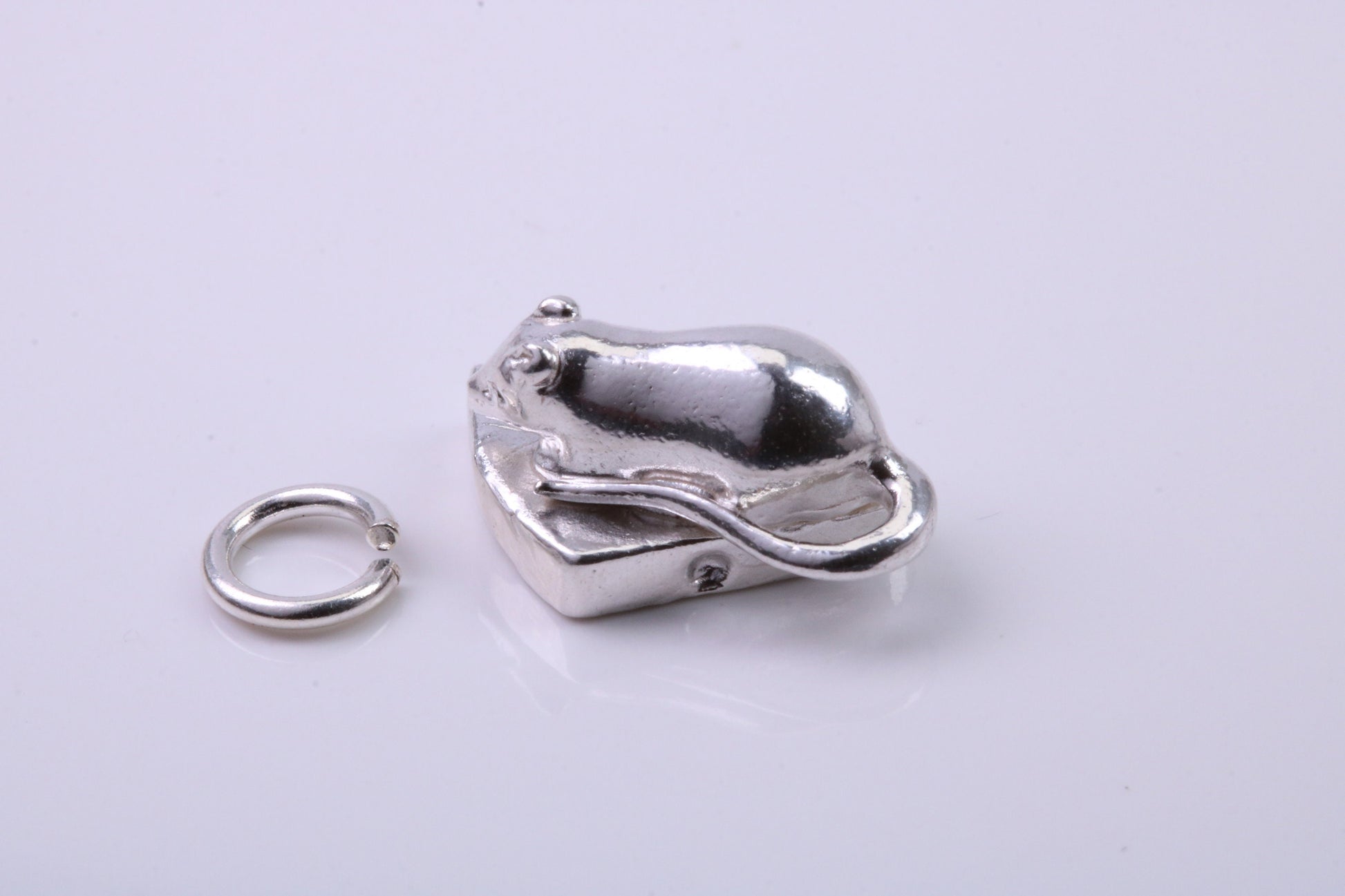 Mouse Eating Cheese Charm, Traditional Charm, Made from Solid 925 Grade Sterling Silver, Complete with Attachment Link