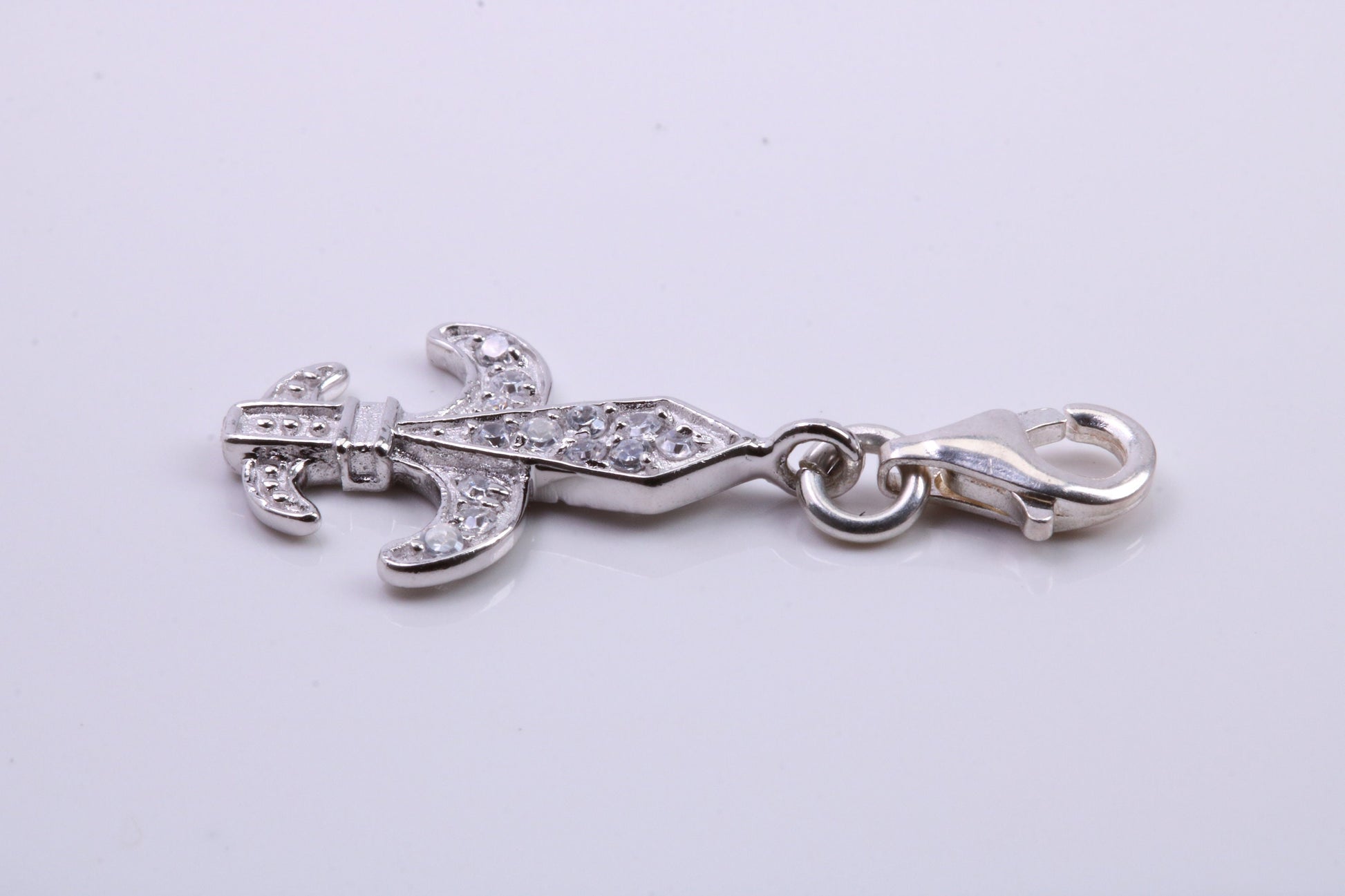 C Z set Anchor Charm, Traditional Charm, Made from Solid 925 Grade Sterling Silver, Complete with Attachment Link