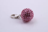 Pink C Z set Ball Charm, Traditional Charm, Made from Solid 925 Grade Sterling Silver, Complete with Attachment Link