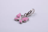 Pink Butterfly Charm, Traditional Charm, Made from Solid 925 Grade Sterling Silver, Complete with Attachment Link