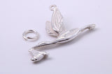 Flying Stork Delivering Baby Charm, Traditional Charm, Made from Solid 925 Grade Sterling Silver, Complete with Attachment Link