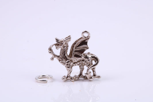 Welsh Dragon Charm, Traditional Charm, Made from Solid 925 Grade Sterling Silver, Complete with Attachment Link
