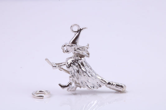 Witch on Broom Stick Charm, Traditional Charm, Made from Solid 925 Grade Sterling Silver, Complete with Attachment Link