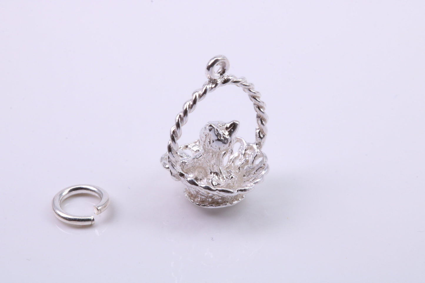Cat in Basket Charm, Traditional Charm, Made from Solid 925 Grade Sterling Silver, Complete with Attachment Link