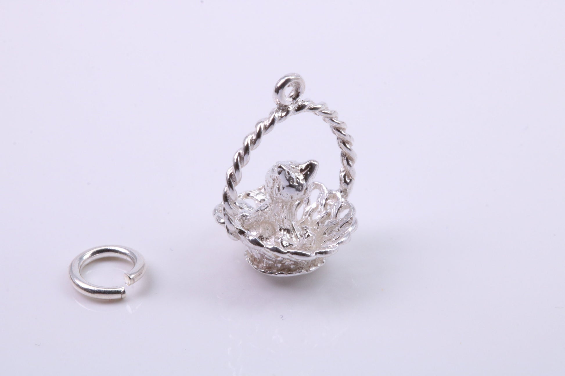 Cat in Basket Charm, Traditional Charm, Made from Solid 925 Grade Sterling Silver, Complete with Attachment Link