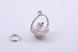 Cat in Basket Charm, Made from Solid Cast Silver, Complete with Attachment Link