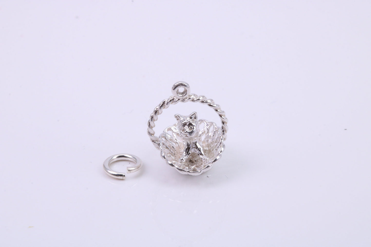 Cat in Basket Charm, Traditional Charm, Made from Solid 925 Grade Sterling Silver, Complete with Attachment Link