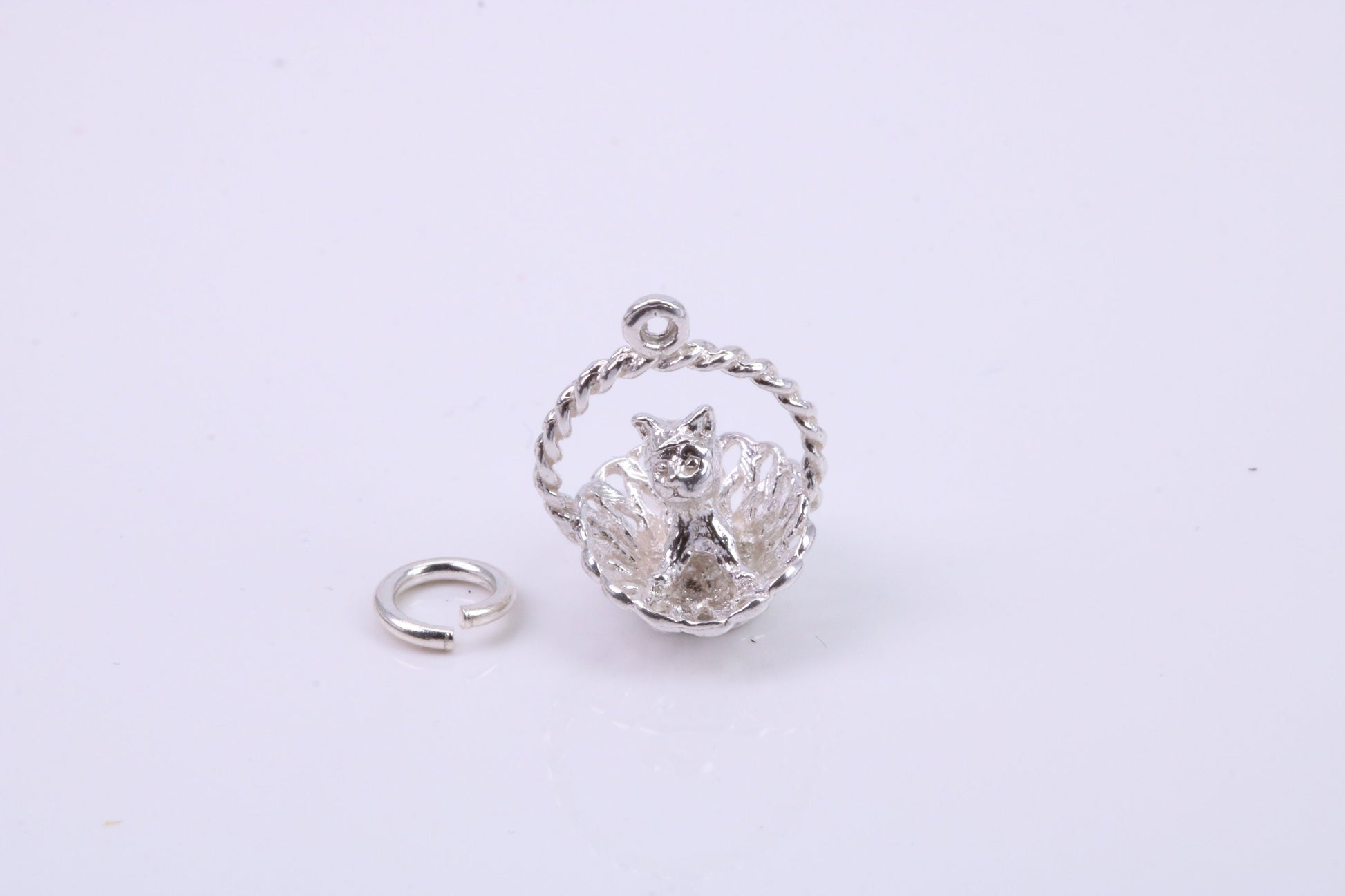 Cat in Basket Charm, Traditional Charm, Made from Solid 925 Grade Sterling Silver, Complete with Attachment Link