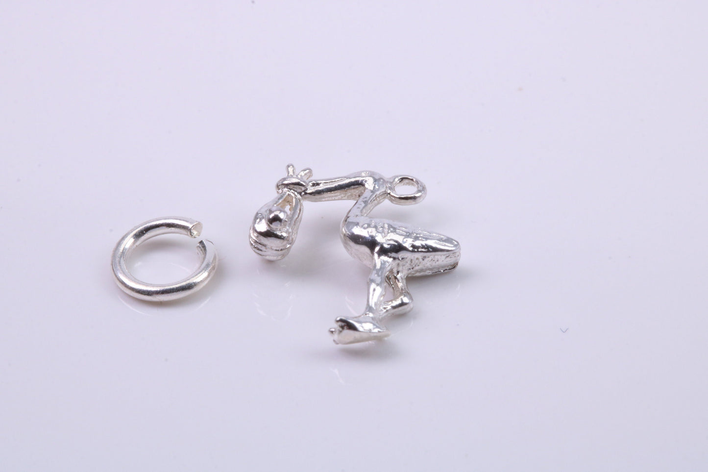 Flying Stork Delivering Baby Charm, Traditional Charm, Made from Solid 925 Grade Sterling Silver, Complete with Attachment Link
