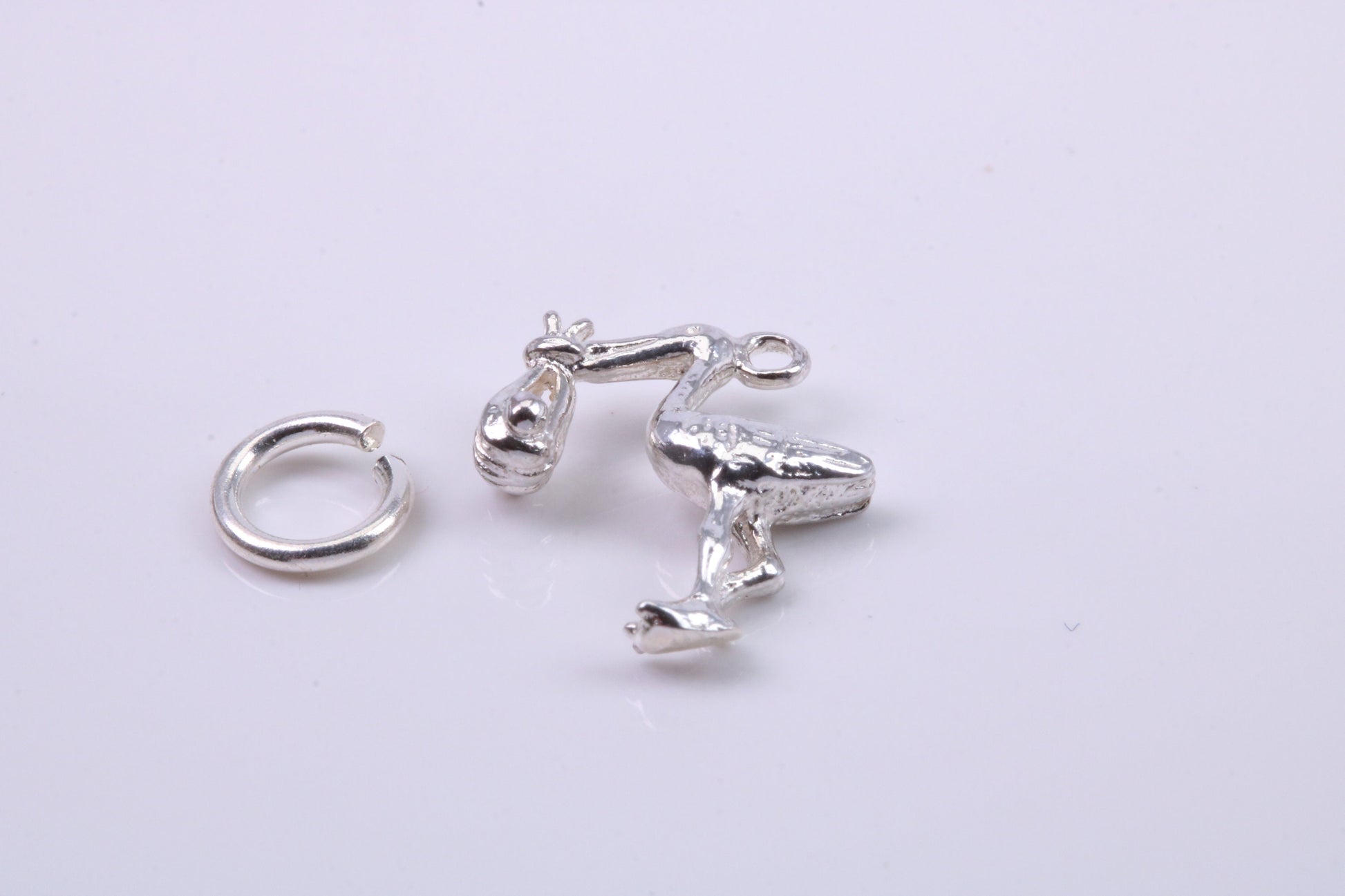 Flying Stork Delivering Baby Charm, Traditional Charm, Made from Solid 925 Grade Sterling Silver, Complete with Attachment Link