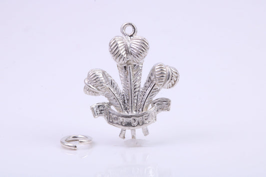 Prince of Wales Feathers Charm, Traditional Charm, Made from Solid 925 Grade Sterling Silver, Complete with Attachment Link