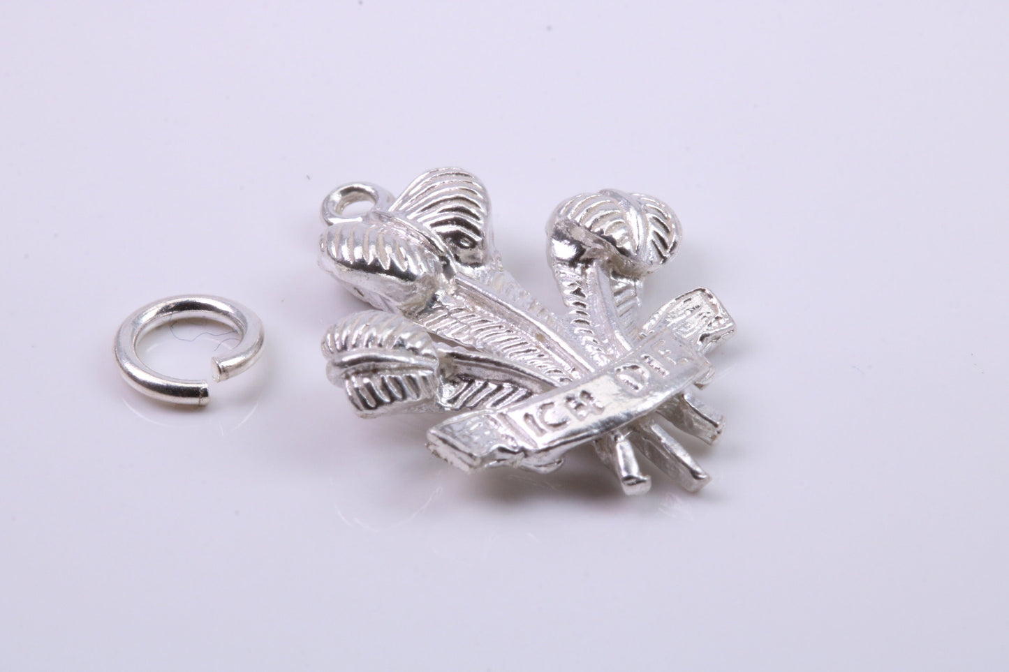 Prince of Wales Feathers Charm, Traditional Charm, Made from Solid 925 Grade Sterling Silver, Complete with Attachment Link