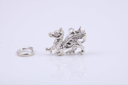 Welsh Dragon Charm, Traditional Charm, Made from Solid 925 Grade Sterling Silver, Complete with Attachment Link