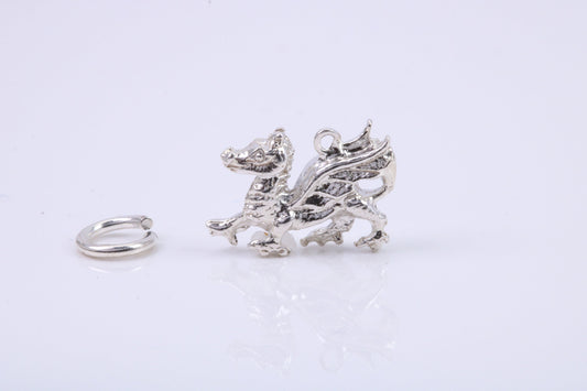 Welsh Dragon Charm, Traditional Charm, Made from Solid 925 Grade Sterling Silver, Complete with Attachment Link