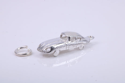E Type Jaguar Car Charm, Traditional Charm, Made from Solid 925 Grade Sterling Silver, Complete with Attachment Link