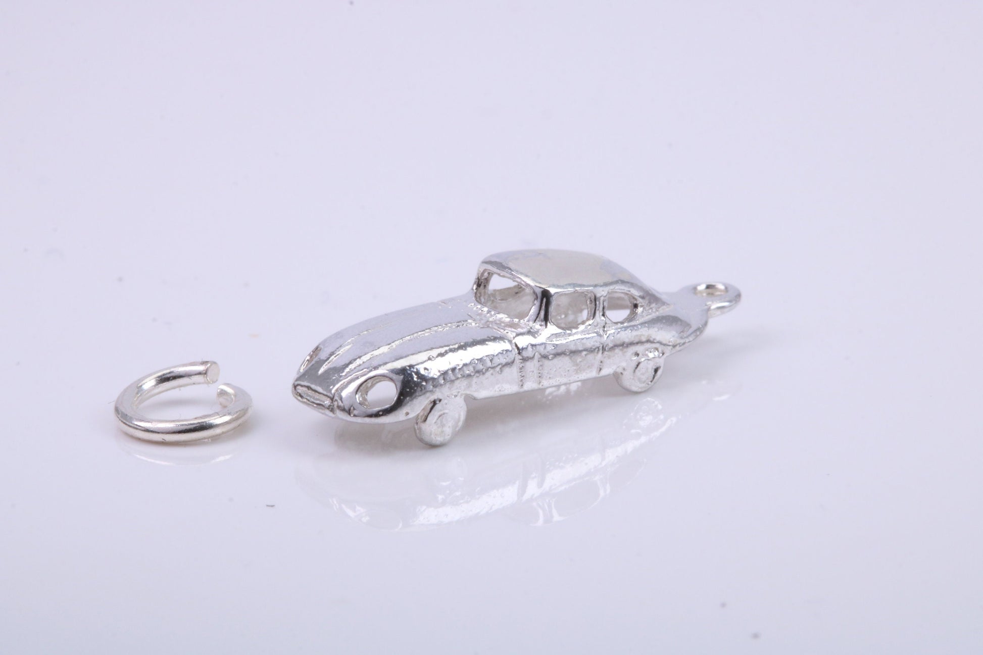 E Type Jaguar Car Charm, Traditional Charm, Made from Solid 925 Grade Sterling Silver, Complete with Attachment Link